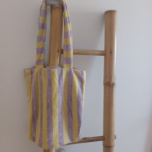 temp_file_1778776167977 Tote bag rayé éponge – Lilas & jaune pastel ☀️💜
