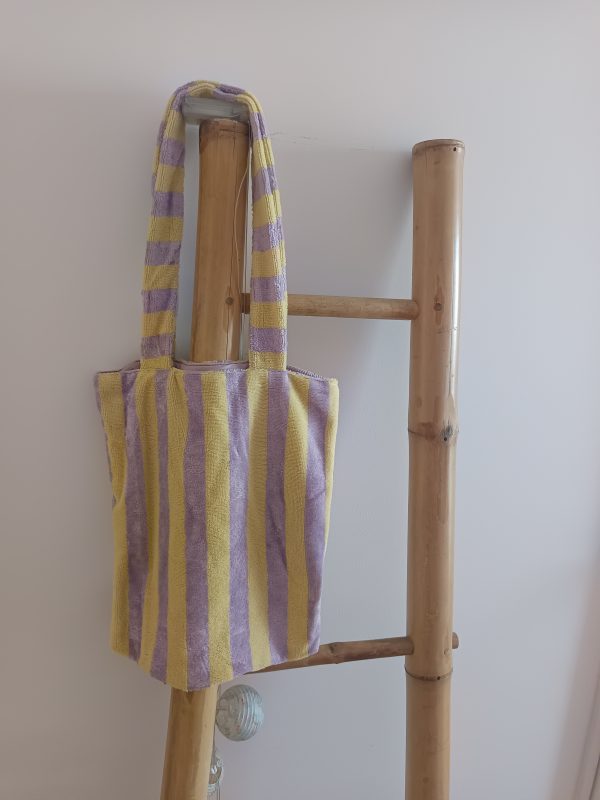 temp_file_1778776167977 Tote bag rayé éponge – Lilas & jaune pastel ☀️💜